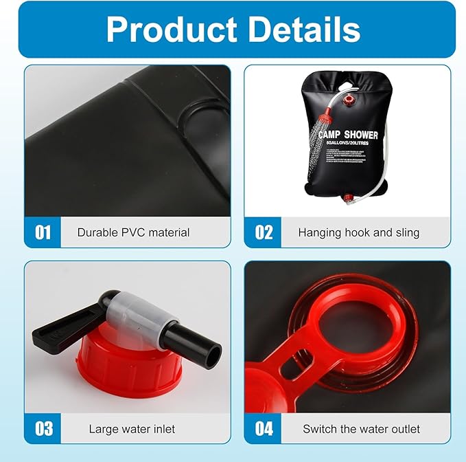 5 GallonsSolar Shower Bag with a Cotton Towel, 20L Portable Solar Heating Camping Shower Bag for Outdoor Traveling Hiking Summer Shower, Cold ＆ Hot Water Hiking Climbing (Black)