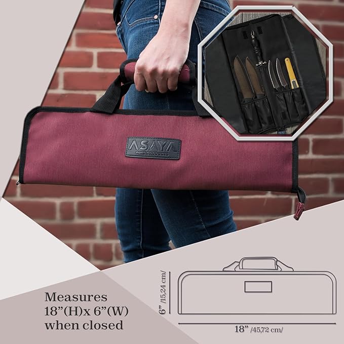 Asaya Chef Knife Roll Bag - 12 Pockets for Knives and Kitchen Utensils - Lightweight, Durable, and Stain Resistant Nylon - Perfect for the Traveling Chef - Knives not Included (Red)