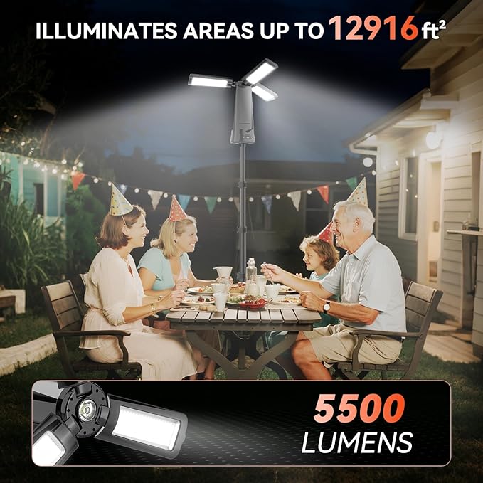 Rechargeable Camping Light with Stand, 15000 mAh Cordless Work Light with 3 LED Lamp Heads, 5500 Lumens Dimmable Camping Essentials Gear Emergency Flashlight with 86" Detachable Tripod, Black