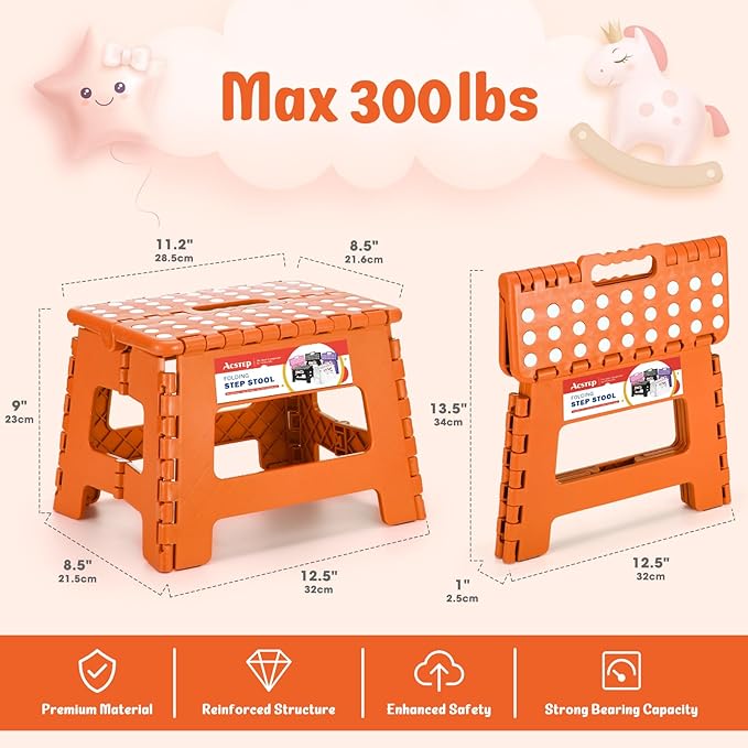 ACSTEP 9 Inch Folding Step Stool 300 LB Capacity Plastic Foldable Step Stools for Kids and Adults, Folding Stool Suitable for Kitchen, Stepping Stool with Handle Orange Small Step Stool 1PC