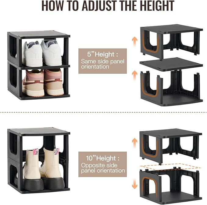 TRZZ 4-Tier Small Shoe Rack, Vertical Narrow Stackable Organizer with Removable Partition, Efficient Shoe Storage for Closet, Entryway, and Small Spaces (Black)