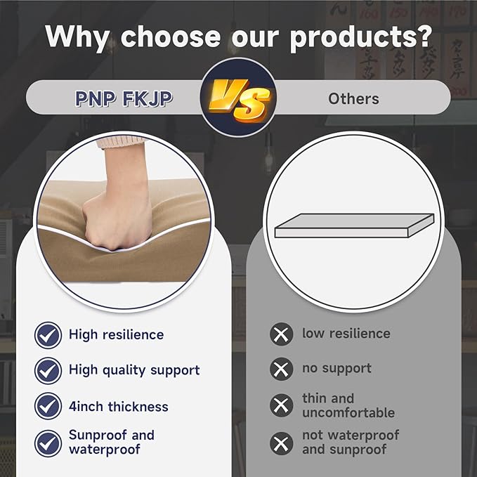 PNP FKJP 2 Pack Outdoor Chair Cushion 20" X 20" X 4", Waterproof Outdoor Seat Cushions with Non-Skid Ties, Khaki (Cushion + Cover)