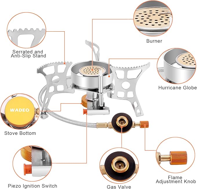 WADEO 3900W Windproof Camping Stove, Camping Gas Stove with Piezo Ignition, Backpacking Stove Portable Camping Stove with Two Fuel Canister Adapter for Outdoor Backpacking Hiking and Picnic