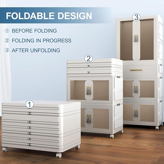 Portable Kids Wardrobe, Plastic Closet Organizer with Hanging Rod, Collapsible Wardrobe Closet Storage Cabinet for Bedroom, Easy to Install (White, Large)