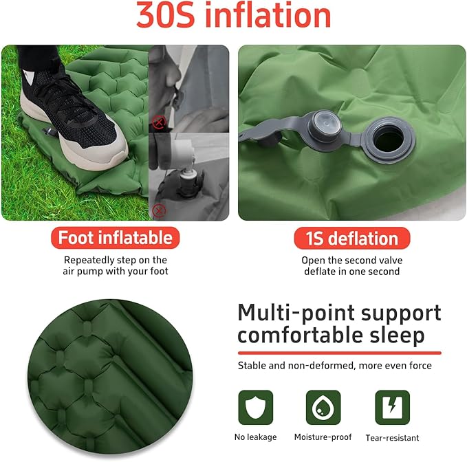 Camping Sleeping Pad & Pillow Set - Mummy Style, Inflates in 30 Seconds, Ultralight and Waterproof and wear-Resistant, Suitable.Camping Mattress for Camping, Backpacking. (Green)