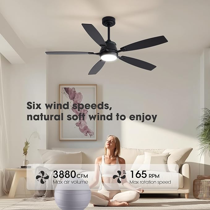 52" Ceiling Fan with Light, Modern Low Profile Ceiling Fan with Light, DC Reversible Motor, Smart APP & Remote Control, Whisper Quiet, Dimmable LED for Bedroom/Living Room