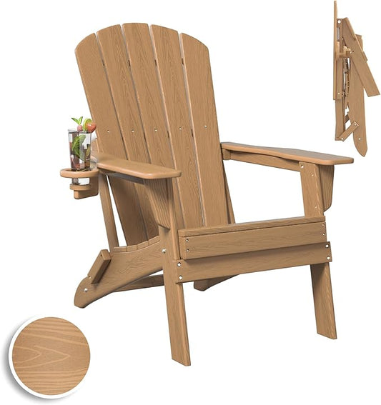 Folding Adirondack Chair, SGS Tested, Wooden Textured with Cup Holder, Heavy All-Weather HDPE Comfortable Set Poolside Backyard Lawn Teak