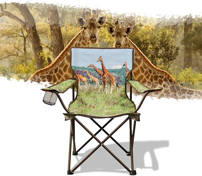 2 Pcs Animal Pattern Camping Chair,Folding Backpacking Lightweight Beach Chair w/Cup Holder,Mesh Side Pocket,Carry Bag,Portable Lawn Chair for Adults Family Outdoor Parties,Hiking,Giraffes