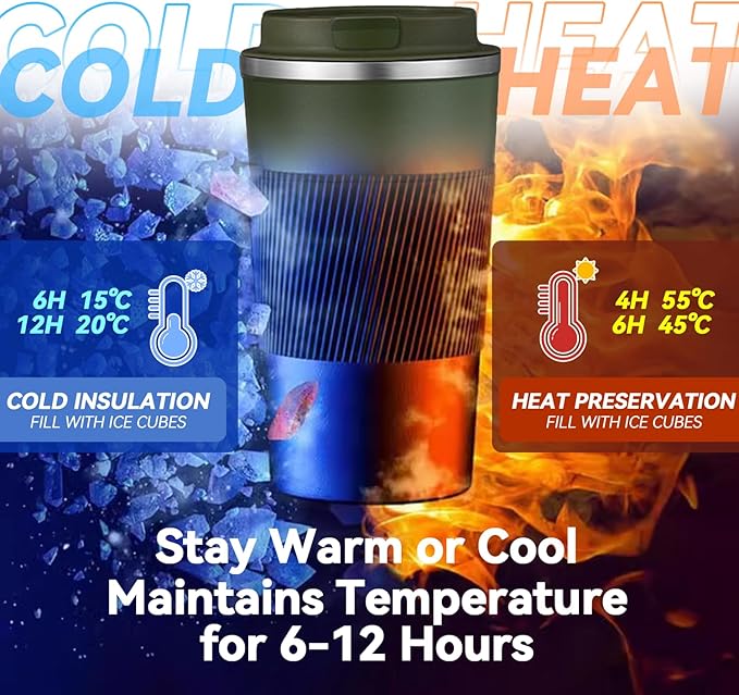 12OZ Travel Coffee Mug Insulated Coffee Cup with Spill Leak Proof Lid, Portable Stainless Steel Tumbler Reusable Hot and Cold Water Mug for Car, Daily, Camping- Military Green
