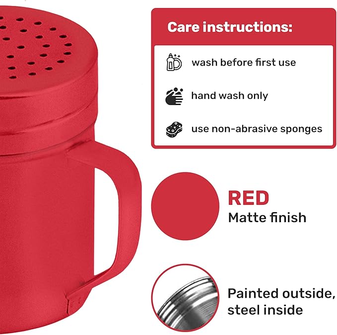 CUSINIUM 10oz Red Stainless Steel Salt Pepper Dredge Shakers - With Plastic Cap - With Handle - Pack of 2
