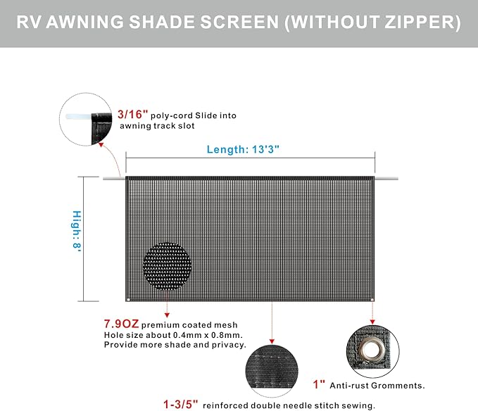 RV Awning Sun Shade Screen 8'x13'3''(Fit for 14' Awning),Black Mesh Shade Screen Without Zipper,Universal Trailer Camper Awning Screen with Complete Kit,Improves Shadow and Privacy