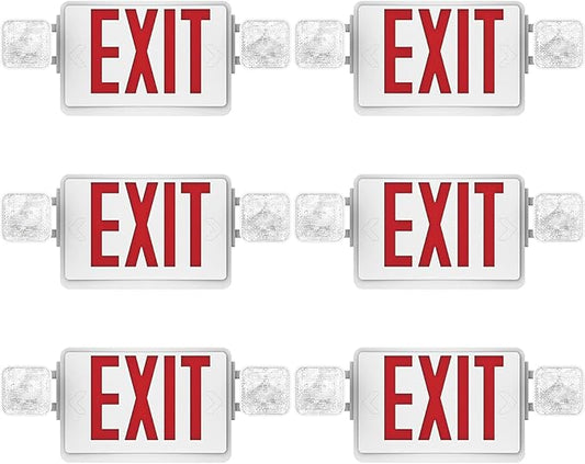 Double Sided LED Emergency EXIT Sign, Remote Capable, Two LED Flood Lights, Backup Battery, US Standard Red Letter Emergency Exit Lighting, Commercial Grade, 120-277V, FireResistant(UL 94V-0) (6 Pack)