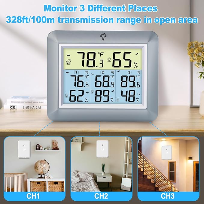 Urageuxy Indoor Outdoor Thermometer Wireless Weather Station with Temperature and Humidity Monitor Digital Hygrometer with 3 Remote Sensors, Min/Max Record,℃/℉ Switcher, Backlight, Grey