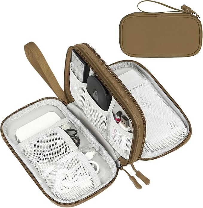 FYY Electronic Organizer, Travel Cable Organizer Bag Pouch Electronic Accessories Carry Case Portable Waterproof Double Layers All-in-One Storage Bag for Cable, Cord, Charger, Phone, Earphone Brown
