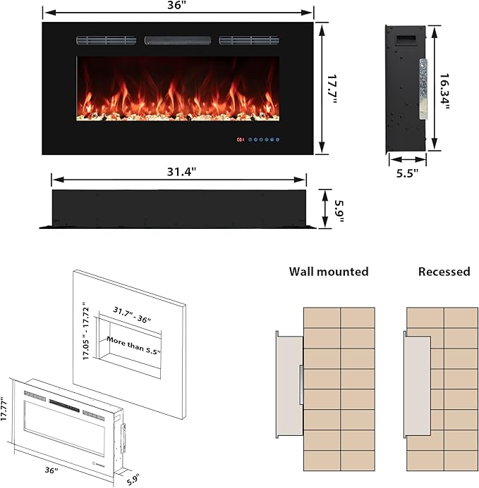 36" Electric Fireplaces Inserts, Recessed & Wall-Mounted Fireplace Heater with Thermostat, Multicolor Flames,Timer, Log & Crystal, 750/1500W