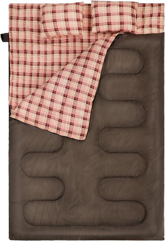 REDCAMP Cotton Double Sleeping Bag for Adults, 2 Person Cold Weather Queen Size Flannel Sleeping Bags for Camping, Black/Navy Blue