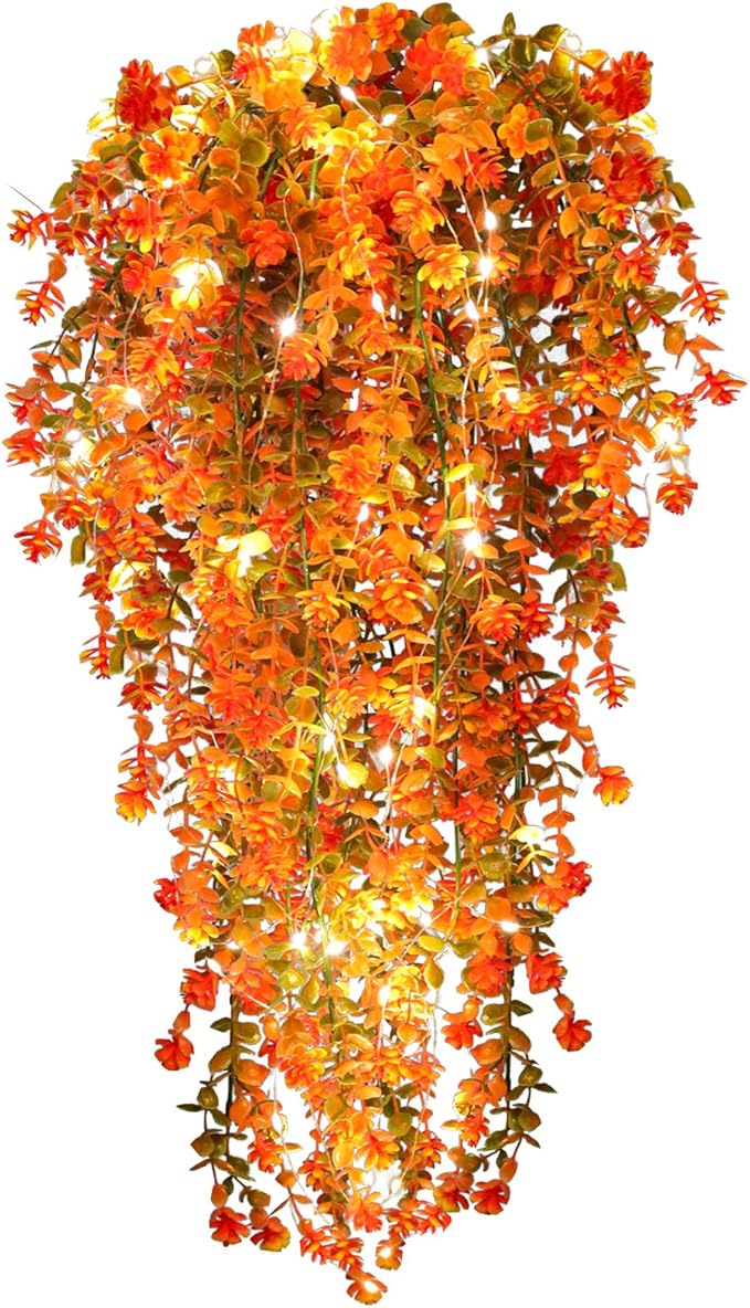 Fall Artificial Flowers - Faux Hanging Plants with Lights for Thanksgiving Indoor/Outdoor Wedding & Garden Party (Salmon)