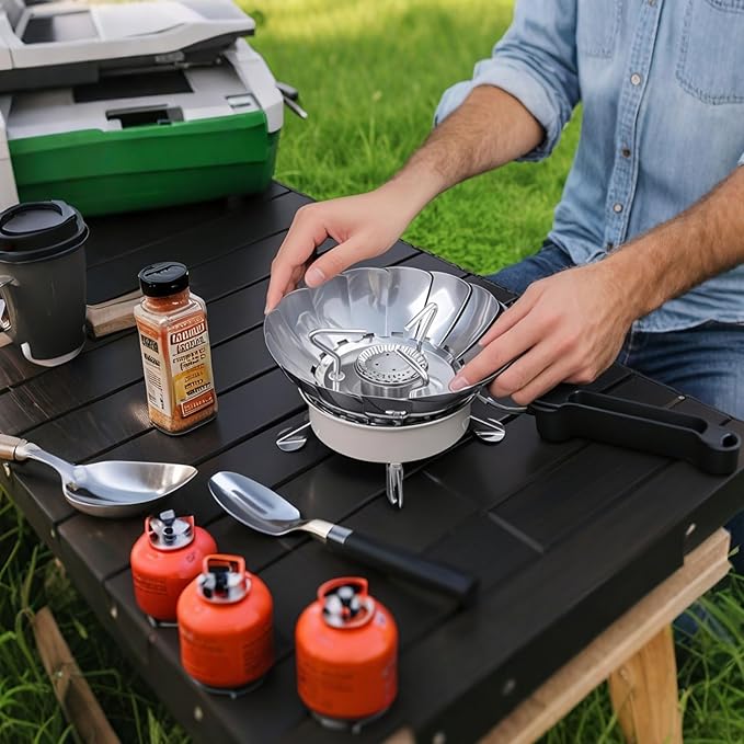 Windproof Camping Stove with Piezo Ignition, Portable Gas Stove for Camping, Backpacking Camp Stove for Outdoor Cooking, Folding Lotus Windshield, Small Adjustable Burner for BBQ, Hiking, Picnic