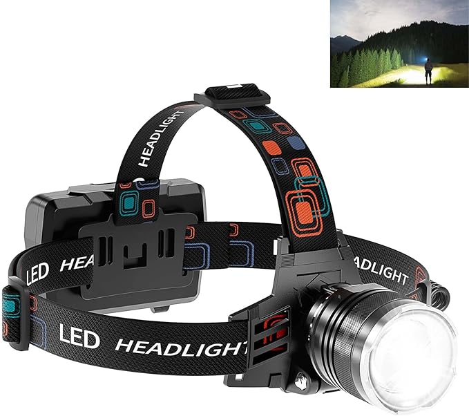Rechargeable Headlamp 3000 Lumens, 5 Modes Head Lamp for Forehead Zoomable, Super Bright Headlamp for Adults Waterproof, 90° Adjustable Head light & 9000mAh Long Runtime for Camping, Hunting, Hiking