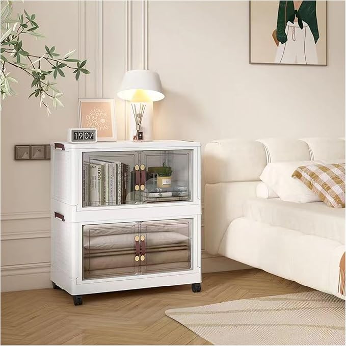 32 Gals Storage Bins with Lids - Folding Storage box with Doors and Wheels, Collapsible Plastic Storage Bins for Closets, Stackable Storage Organizer, (2 packs)