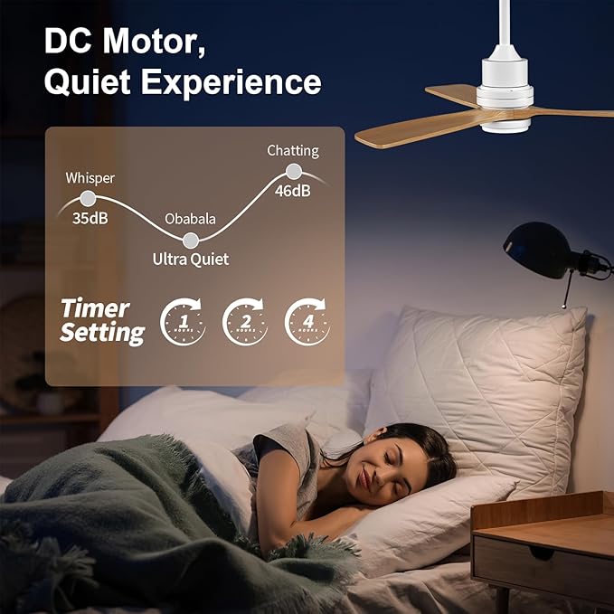 Obabala 52I Wood Ceiling Fan Modern Ceiling Fan with LED Light and Remote Control for Patios Indoor Reversible DC Motor Timmer