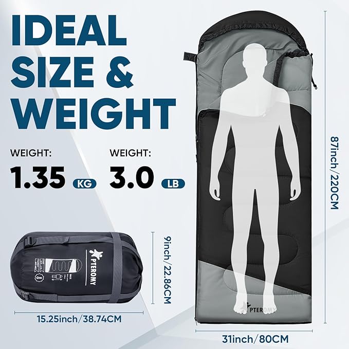 PTEROMY Sleeping Bags for Adults, Lightweight Water Resistant Backpacking Camping Sleeping Bag for Warm Cold Weather, Camping Essentials for Hiking Outdoor Travel