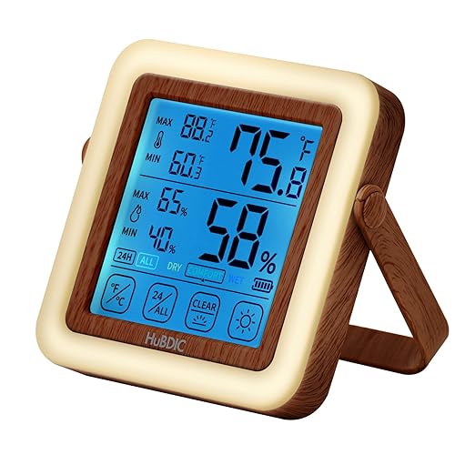 HuBDIC HubiBaby Digital Hygrometer Indoor Thermometer Humidity Meter Room Thermometer, Humidity Monitor for Home, Bedroom, Baby Room, Office, Greenhouse, Cellar, Portable Nightlight (Dark Wood)