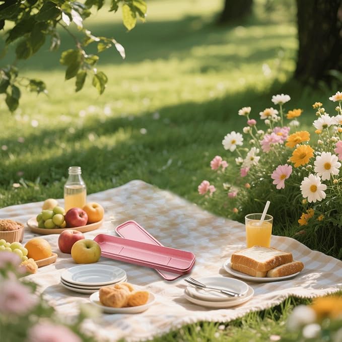 1Pcs Simple Utensil Holder with Lid, Reusable Utensils Wheat Straw Travel Cutlery Box，Portable Flatware Box Travel Tableware Storage Case, Simple Tableware Storage Box Case for Cutlery Kit (Pink)