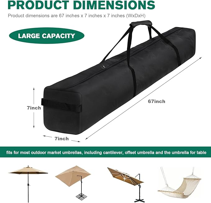 67 Inch Waterproof Umbrella Storage Bag for Outdoor Beach Patio Umbrellas, Oversized Hammock and Steel Stand With Handles and Zippers, Black