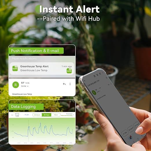 RAINPOINT 3.5'' Large Screen Smart WiFi Thermometer APP Remote Monitoring Data Logging, Easy-to-Read Display Thermo-Hygrometer Chart Customizable Alert Notification Indoor Greenhouse Hub Not Included
