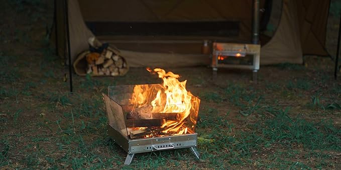 Outdoor Wood Burning Fire Pit Table with Glass Wind Guard and Portable Stainless Steel Wood Stove for Camping Hot Tent Shelter, Patio Backyard Garden Deck Camping