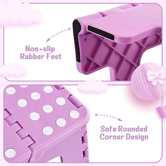 ACSTEP 9 Inch Folding Step Stool 300 LB Capacity Plastic Foldable Step Stools for Kids and Adults, Folding Stool Suitable for Kitchen, Stepping Stool with Handle Light Purple Small Step Stool 1PC