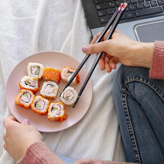 GLAMFIELDS 5 Pairs Premium Chopsticks Reusable Dishwasher Safe 9.5 Inch Fiberglass Chop Sticks Gift Set Hexagon Black Non Slip with the Printed Tops