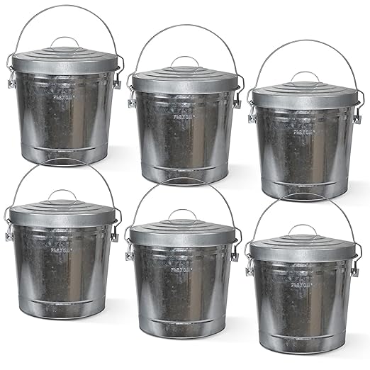 Plexon Metal Trash Can with Locking Lid Outdoor Storage Bucket for Bird Seed Ash 6-Gallon Galvanized Steel 6 Pack
