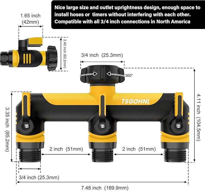 Garden Hose Splitter, 3/4-Inch Hose Manifold, Outdoor Faucet Adapter - Soft TPR Covering - Lightweight, Non-Slip, Sun-Resistant 3-Way Valve（yellow）