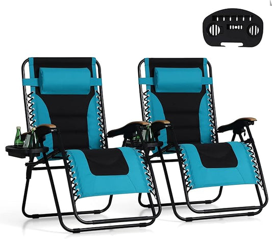 PHI VILLA XXL Oversized Padded Zero Gravity Chair, Foldable Patio Recliner, 30" Wide Seat Anti Gravity Lounger with Cup Holder, Set of 2, Support 400 LBS (Aqua)