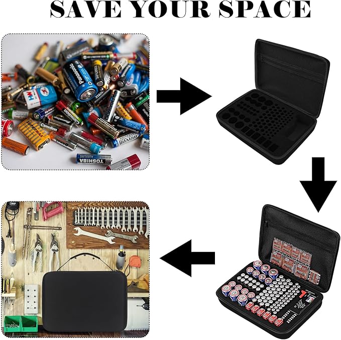 Battery Organizer Storage Case with Tester for AA AAA C D 9V Battery Holder 7 Batteries Variety Pack 111 Batteries Mesh Bag (Batteries Not Included) (black)