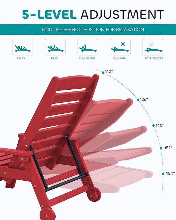 SERWALL Patio Chaise Lounge Chair, 78'' Long HDPE Outdoor Lounge Chair 5 Positions Adjustable Outdoor Lounger, Poly Lounge Chair with Rolling Wheels & Cup Holder for Pool, Bright Red