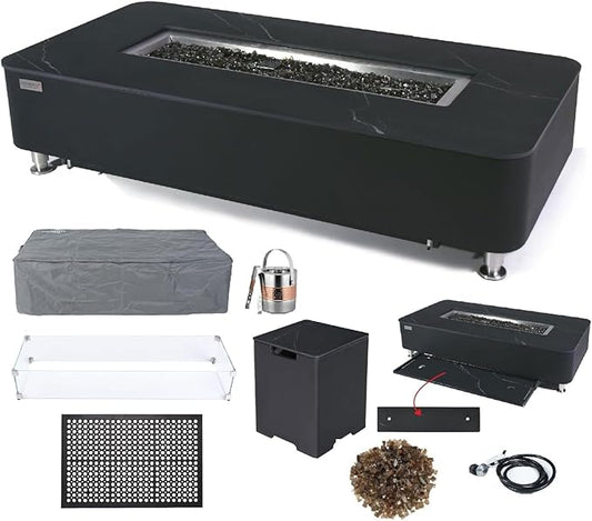 Elementi+ | Bundle Valencia Gas Fire Pit | Concrete Body & Marble Porcelain Top | 62" Rectangular Fire Table | Electronic Ignition | Canvas Cover, Fire Glass, Burner Lid & More | Black | Propane Gas