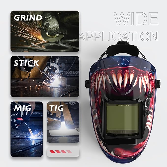 YESWELDER Large View Auto Darkening Welding Helmet, Blue Light Blocking, 1/1/1/1 True Color Solar Powered Welder Hood Mask with 4 Arc Sensors, Wide Shade 3/5-9/9-13 for TIG MIG ARC Cut and Grind
