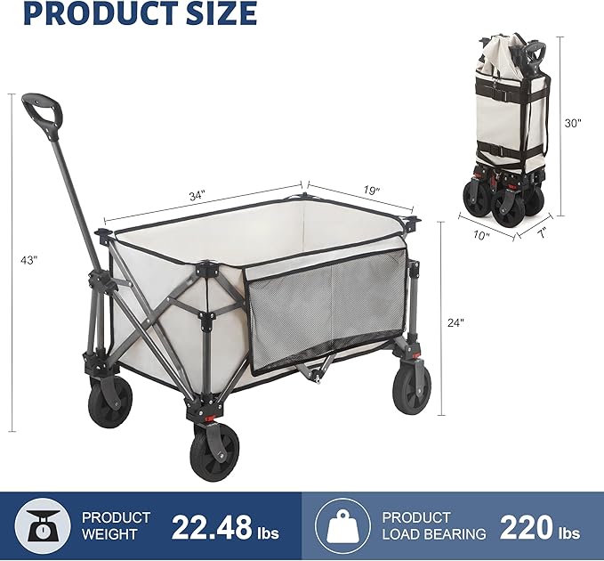 Collapsible Folding Wagon Cart, 220LBS Heavy Duty Foldable Utility Garden Cart with All Terrain Wheels & Side Storage Bag, Portable Sports Wagon for Camping, Shopping, Garden