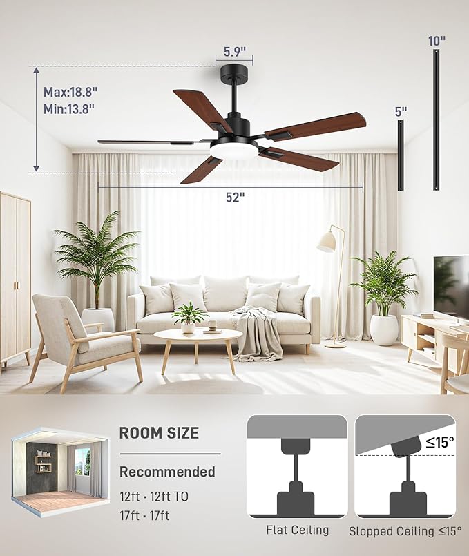ZYD Ceiling Fans with Lights, 52 Inch Ceiling Fan with Light and Remote, Farmhouse Ceiling Fan with Light Quiet Reversible DC Motor, Dual-Finish LED Ceiling Fans with Lights for Living Room, Bedroom