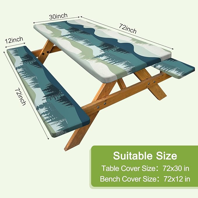 Picnic Table Cover with Bench Covers Camping Tablecloth with Storage Bag Windproof Waterproof Picnic Table Covers with Elastic for Camping