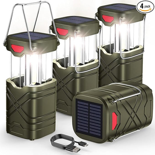 LETMY 4 Pack Camping Lantern, Rechargeable LED Lanterns, Solar Lantern Battery Powered Hurricane Lanterns Flashlight with 3 Powered Ways & USB Cable for Emergency, Power Outage, Hurricane Supplies