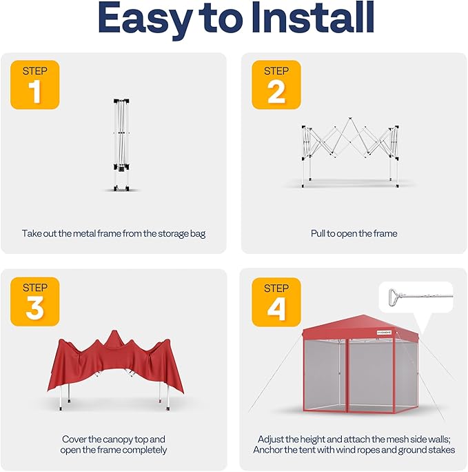 VIVOHOME 8x8ft Easy Pop-Up Canopy, Outdoor Screen Tent with Mosquito Netting, 2 Zipper Doors, and Roller Bag for Yard Camping Picnic Party Events, Red