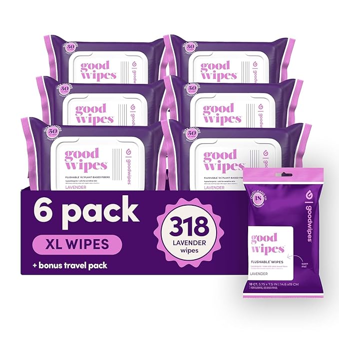 goodwipes Flushable Butt Wipes - Vitamin E & Aloe - Sewer & Septic Safe - Extra Large Adult Wet Wipes For Women & Men - Bathroom Essentials - Lavender, 318 Count (6 Packs + 1 Travel)