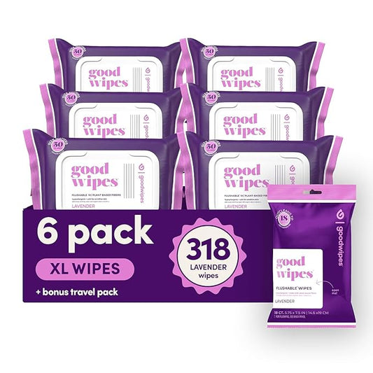 goodwipes Flushable Butt Wipes - Vitamin E & Aloe - Sewer & Septic Safe - Extra Large Adult Wet Wipes For Women & Men - Bathroom Essentials - Lavender, 318 Count (6 Packs + 1 Travel)