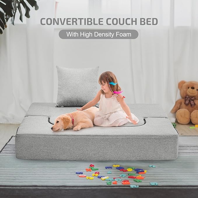 2-in-1 Folding Sofa Bed with Pillow - Folding Chair Floor Couch & Sleeping Mattress - Washable Cover & Memory Foam Sleeper Chair for Living Room/Guest Room/Apartment/Loft, Light Gray