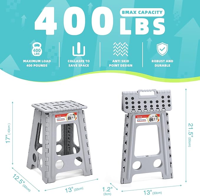 ACSTEP Folding Step Stool 17.5 Inch Heavy Duty Step Stool Foldable for Adults and Kids, Collapsible Stepping Stool with Handle, Non Slip Folding Stools for Kitchen Hold Up to 400lbs (Grey 1PC)