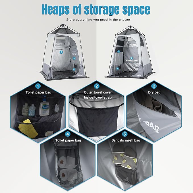 Camping Shower Tent Deluxe Changing Room Easy Set Up Privacy Shelter,Large Toilet Tent with Floor Drain Design for Beach, Camping,Hiking with Stakes and Ropes for Stability